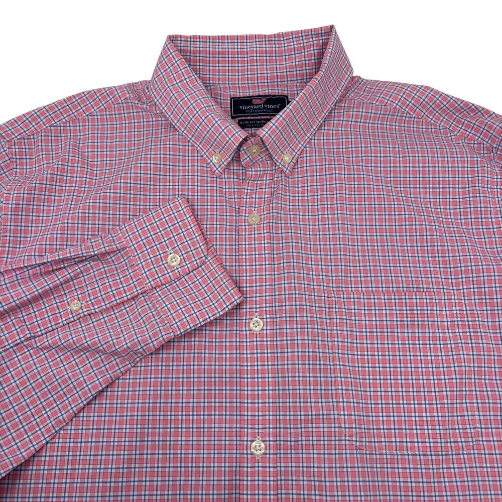 Vineyard Vines Performance XL Pink Blue Check Long Sleeve Slim Fit‎ Murray Shirt
